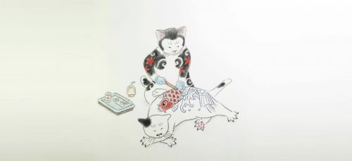 Katten tatoeëren elkaar op deze surrealistische Japanse illus...